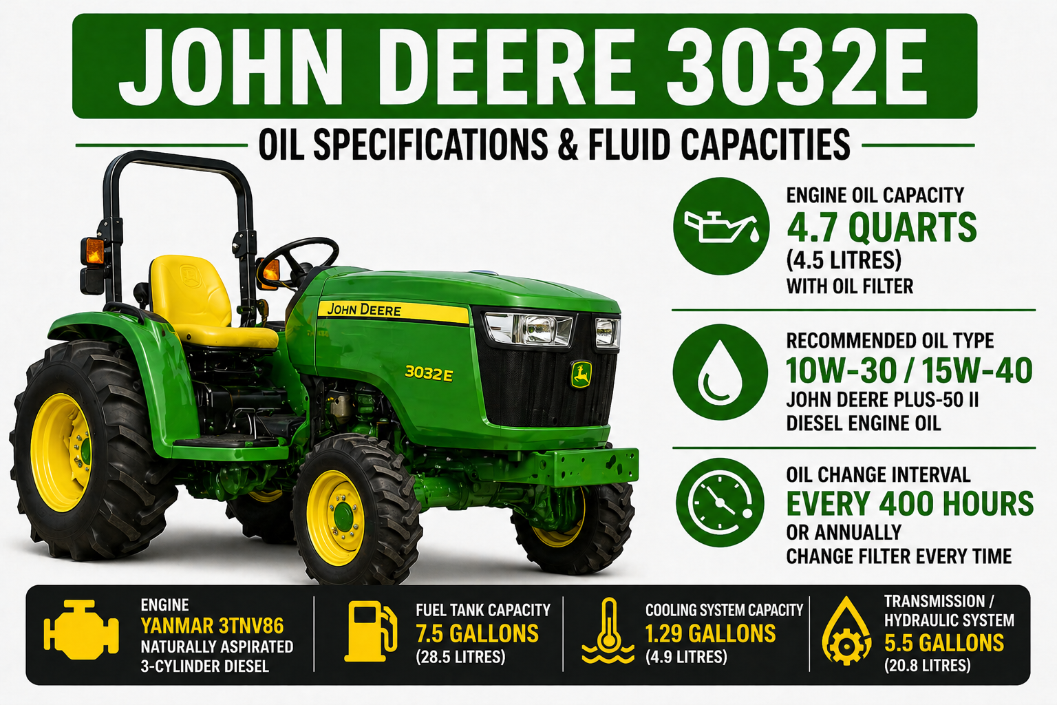 John Deere 3032E oil capacity