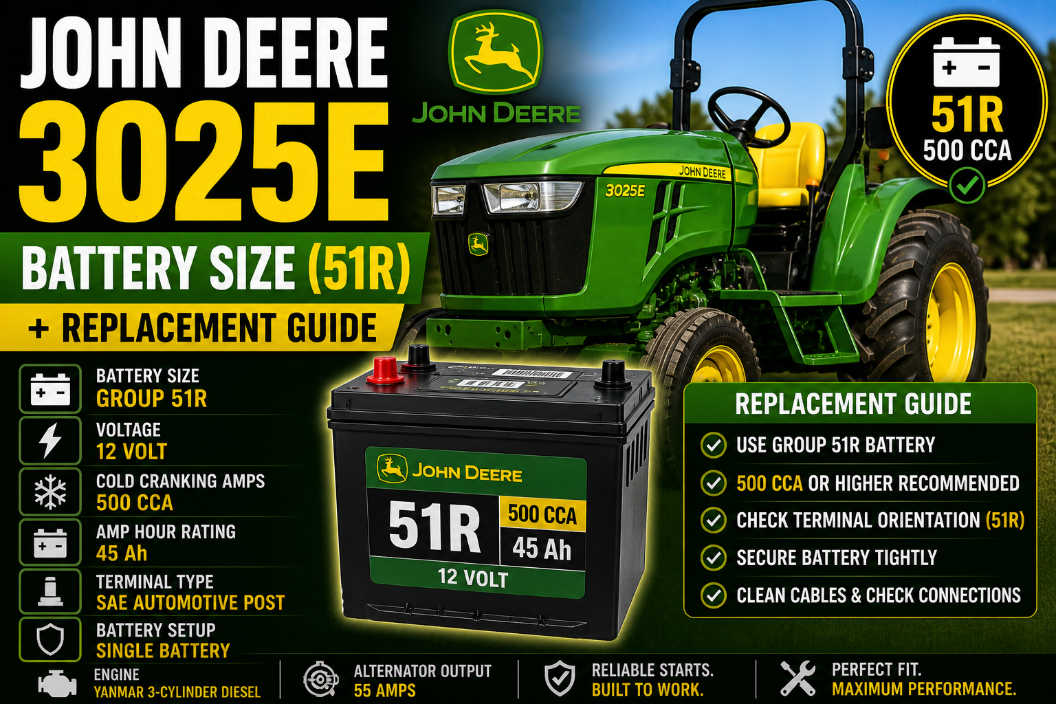 John Deere 3025E Battery Size