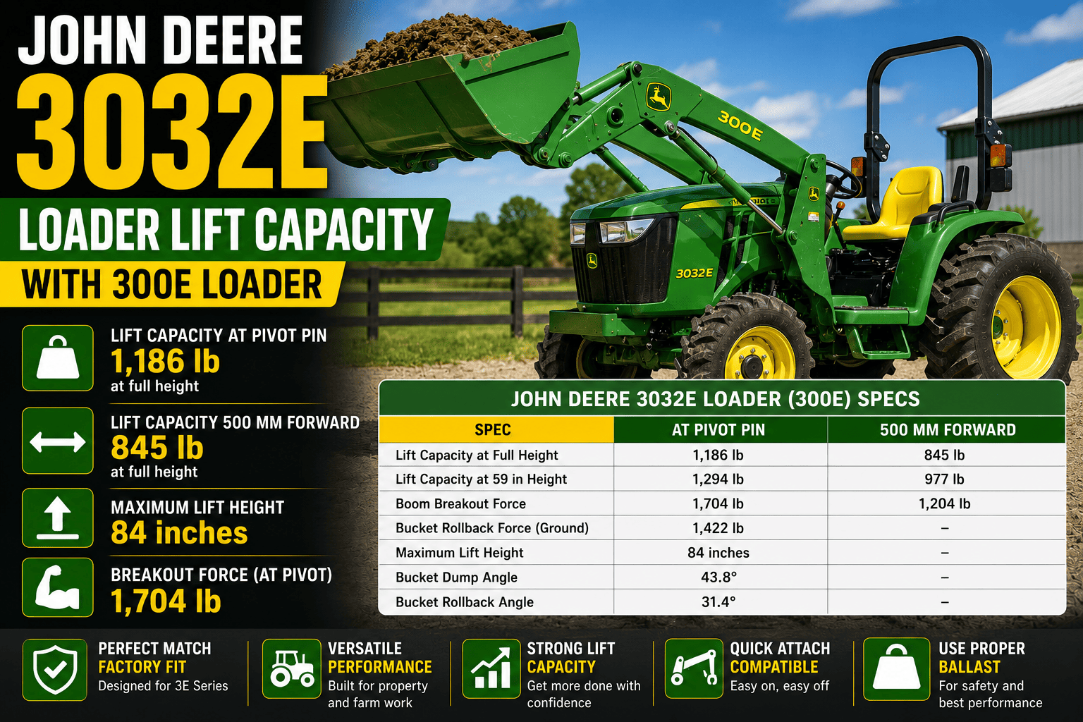 John Deere 3032E Loader Lift Capacity