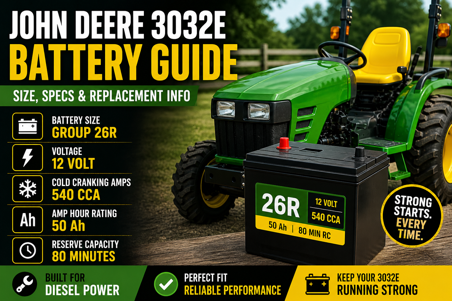 John Deere 3032E Battery Size