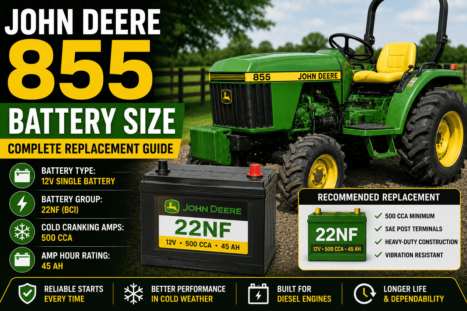 John Deere 855 Battery Size
